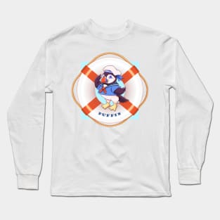 Puffin Sailor (Background & Text) Long Sleeve T-Shirt